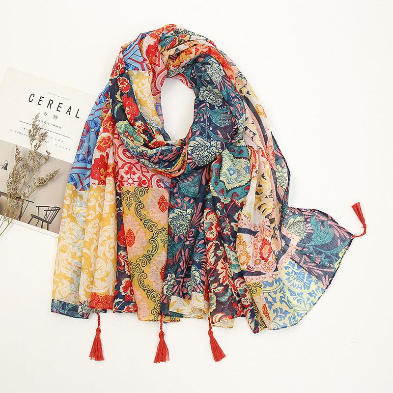 Colorful Printed Fringed Scarf - Rawdah Al-Jennah