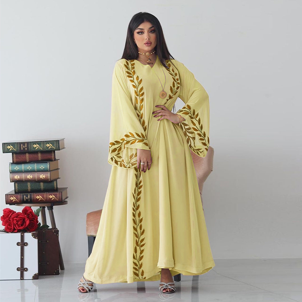 Buy NOW this Modest Dress - Embroidered Crew Neck Dress With Headscarf or other modest dress from Rawdah Al-Jennah