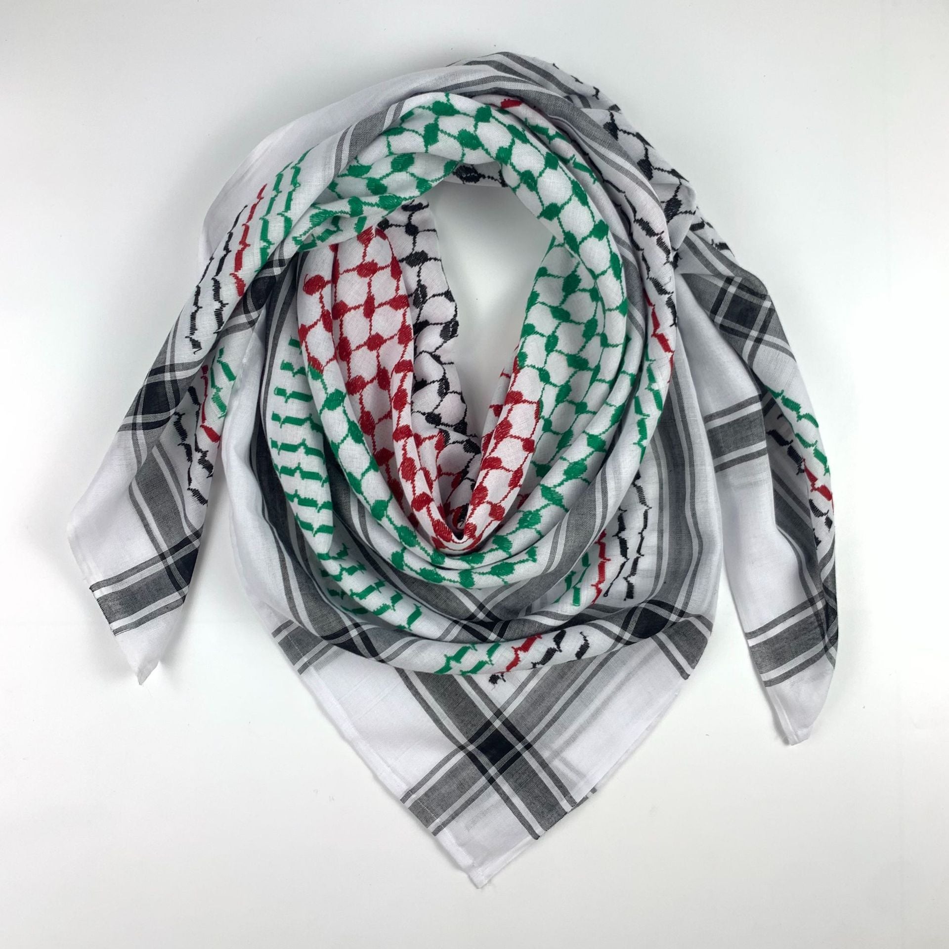 Buy NOW this Keffiyeh Jacquard Square With Palestinian Colors or other Hijab / Scarf from Rawdah Al-Jennah