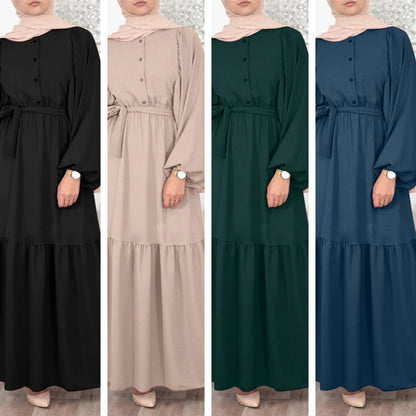 Buy NOW this Modest Dress - Solid Color Dresses with Puff Sleeve, O-neck, and Belt or other modest dress from Rawdah Al-Jennah