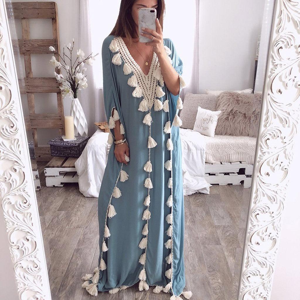 Modest Dresses - Beautiful Retro Design Fringed Beach Dress - Rawdah Al-Jennah