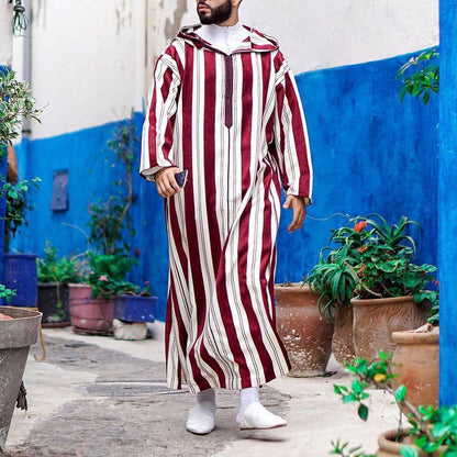 Buy NOW this Men's Thobe / Jalabiya - Bright Striped Thobe With Hoodie or other Thobe / Kandoora / Jalabiya from Rawdah Al-Jennah