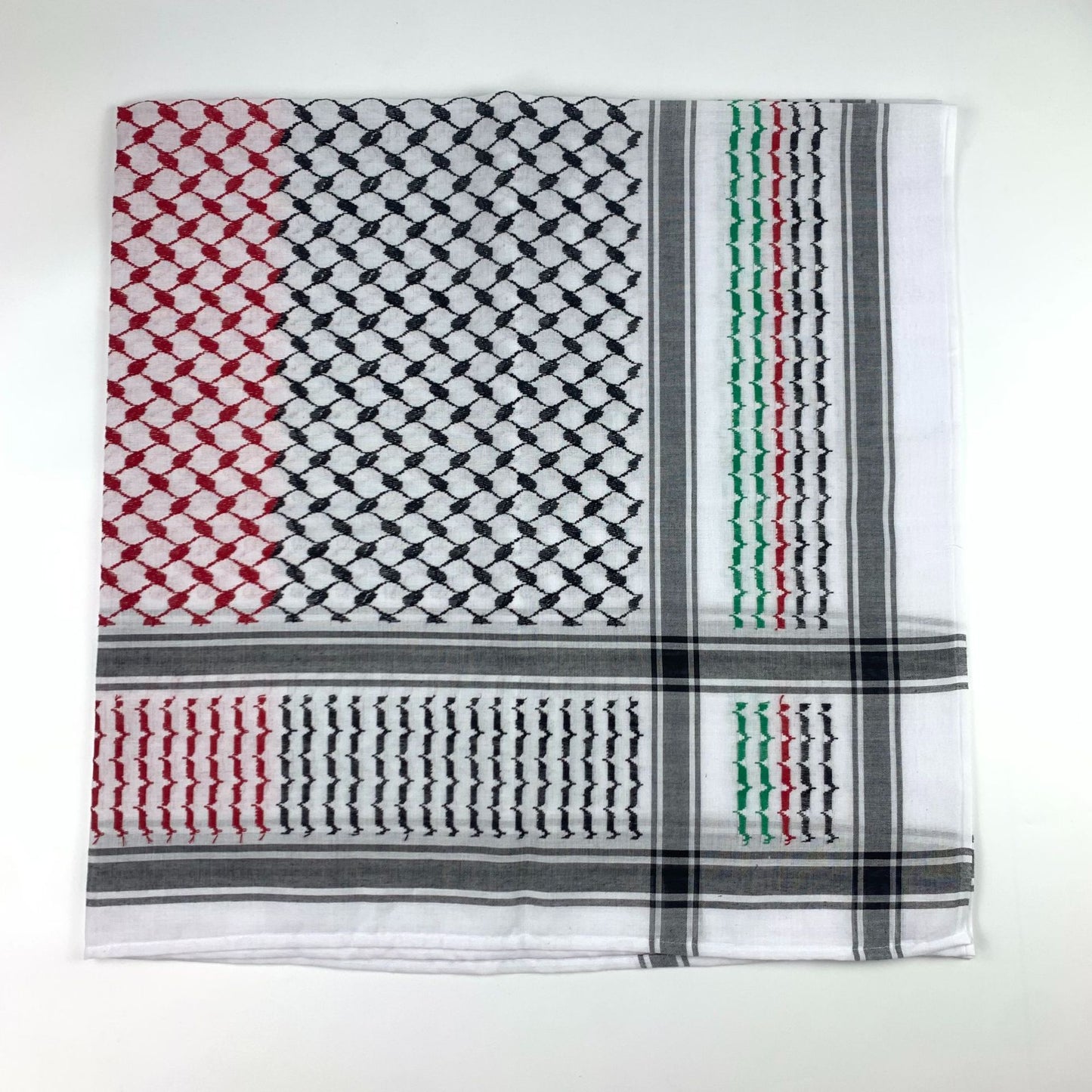 Buy NOW this Keffiyeh Jacquard Square With Palestinian Colors or other Hijab / Scarf from Rawdah Al-Jennah