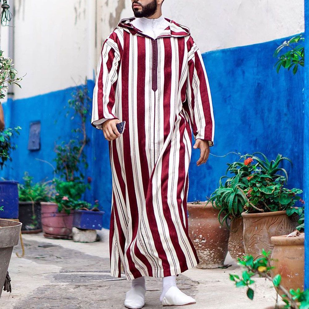 Buy NOW this Men's Thobe / Jalabiya - Bright Striped Thobe With Hoodie or other Thobe / Kandoora / Jalabiya from Rawdah Al-Jennah