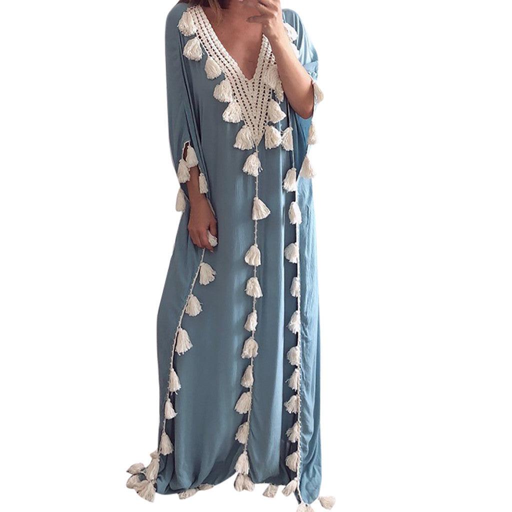 Modest Dresses - Beautiful Retro Design Fringed Beach Dress - Rawdah Al-Jennah