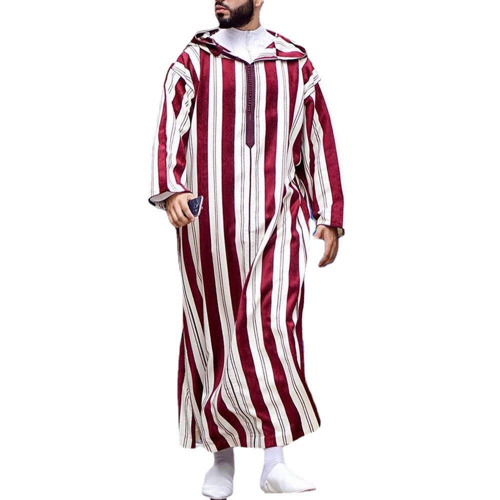 Buy NOW this Men's Thobe / Jalabiya - Bright Striped Thobe With Hoodie or other Thobe / Kandoora / Jalabiya from Rawdah Al-Jennah