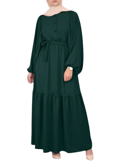 Buy NOW this Modest Dress - Solid Color Dresses with Puff Sleeve, O-neck, and Belt or other modest dress from Rawdah Al-Jennah