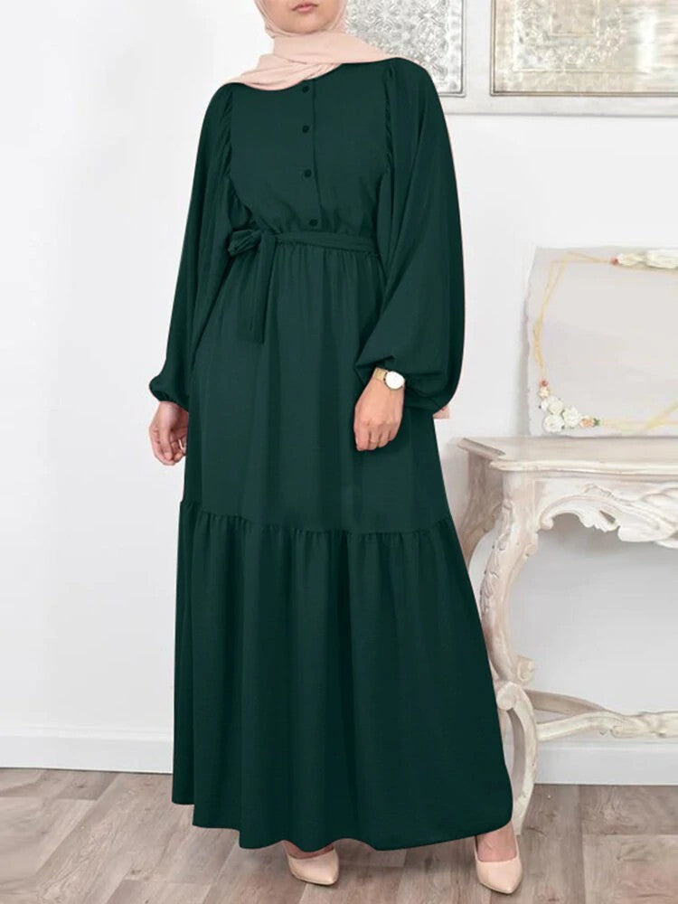 Buy NOW this Modest Dress - Solid Color Dresses with Puff Sleeve, O-neck, and Belt or other modest dress from Rawdah Al-Jennah