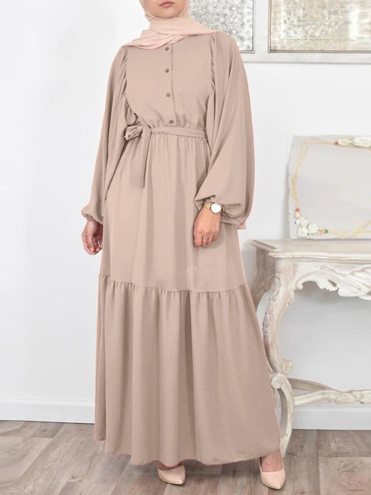 Buy NOW this Modest Dress - Solid Color Dresses with Puff Sleeve, O-neck, and Belt or other modest dress from Rawdah Al-Jennah