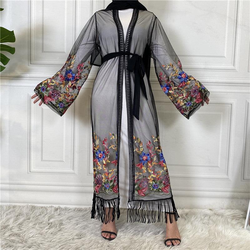 Embroidered Mesh Abaya Gown - Rawdah Al-Jennah