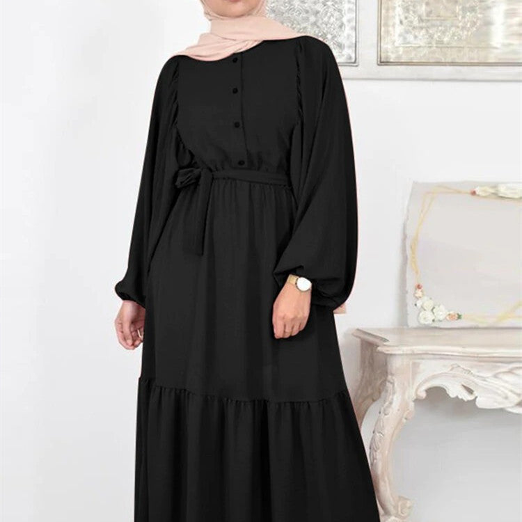 Buy NOW this Modest Dress - Solid Color Dresses with Puff Sleeve, O-neck, and Belt or other modest dress from Rawdah Al-Jennah